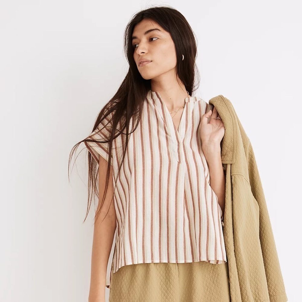 Madewell Ivory Multicolor Crinkle Cotton Lakeline Popover Shirt in Stripe XS